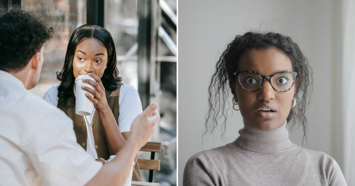 A woman on a date (L). A woman looking shocked and surprised (R)(Representative Cover Image Source: Pexels Images | Photo by Mike Jones and Andrea Piacquadio)