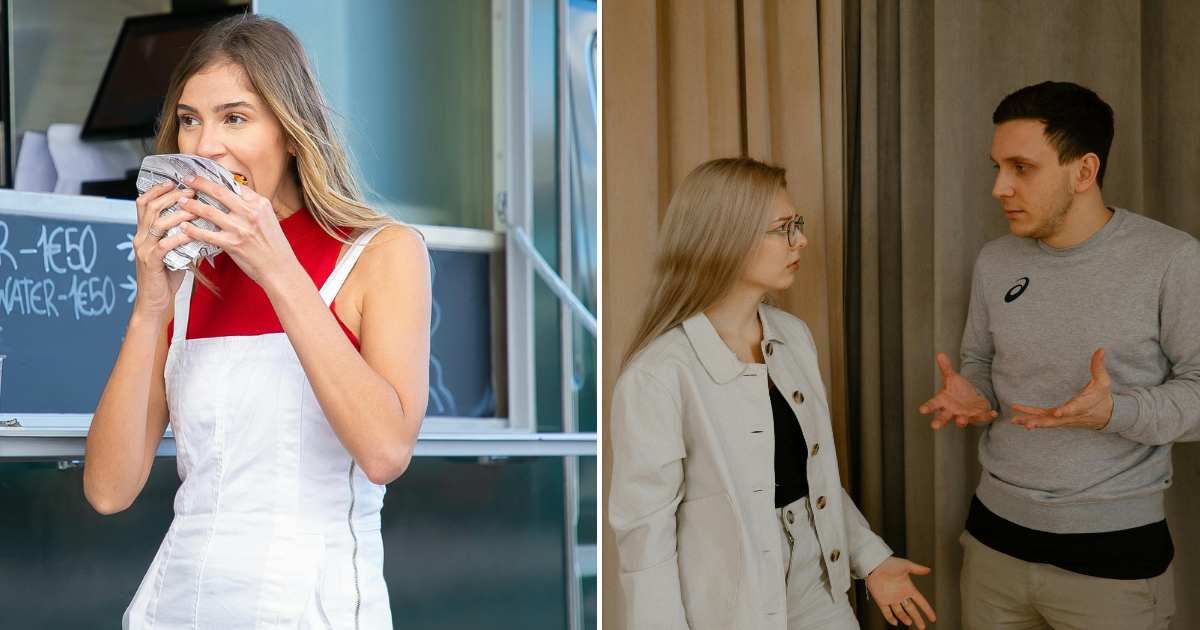A teenage girl eating (L). A woman arguing with a man (R) (Representative Cover Image Source: Pexels Images | Photo by Kampus Production and Polina Zimmerman)