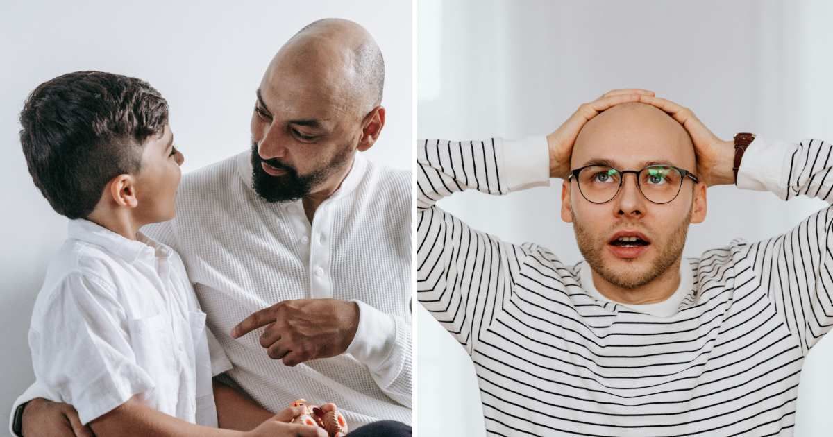 (L) Dad talking with son. (R) Shocked man. (Representative Cover Image Source: Pexels | (L) Timur Weber, (R) www.kaboompics.com)
