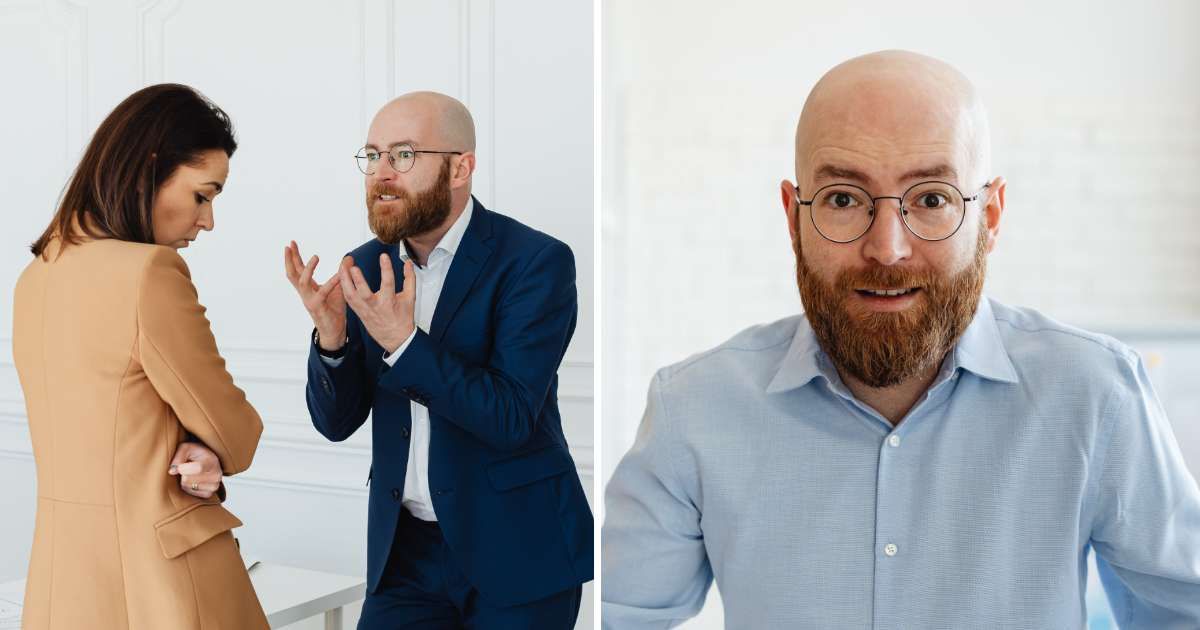 (L) Man yelling at woman. (R) Shocked bald man. (Representative Cover Image Source: Pexels | (L) www.kaboompics.com, (R) www.kaboompics.com)