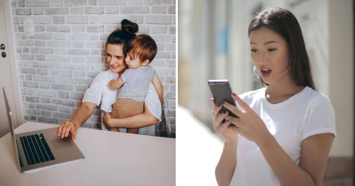 (L) Mom working on laptop with baby. (R) Stunned woman using phone. (Representative Cover Image Source: (L) Helena Lopes, (R) Andrea Piacquadio)
