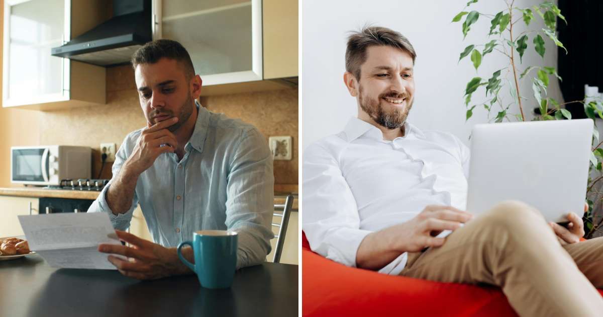 (L) Man reading letter. (R) Happy man using laptop. (Representative Cover Image Source: Pexels | (L) Vitaly Gariev, (R) Mikhail Nilov)