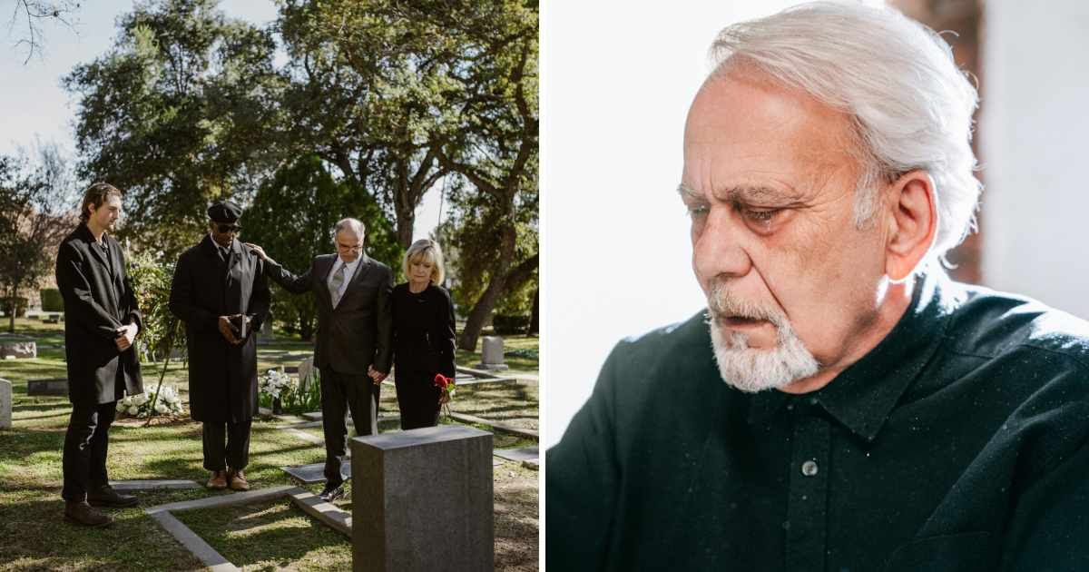 (L) People at a funeral. (R) An elderly man is crying silently. (Representative Cover Image Source: Pexels | (L) RDNE Stock project, (R) Ivan S)