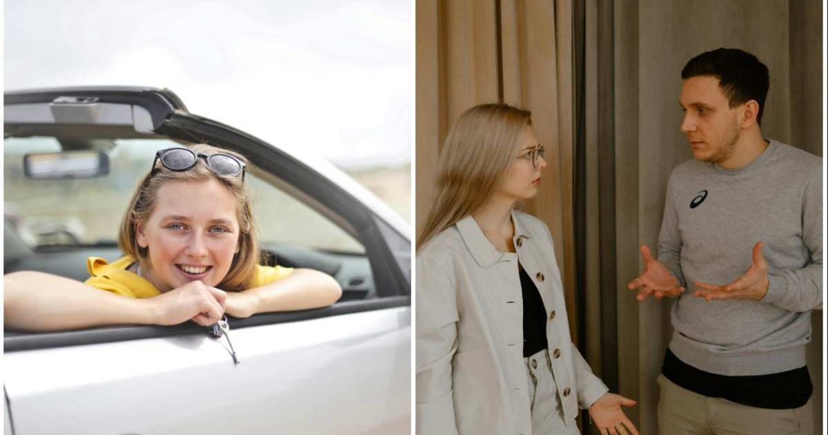 (L ) A woman with her new car ; (R) A couple arguing (Representative Cover Image Source: Pexels | Photo by (L) Andrea Piacquadio ; (R) Polina Zimmerman )