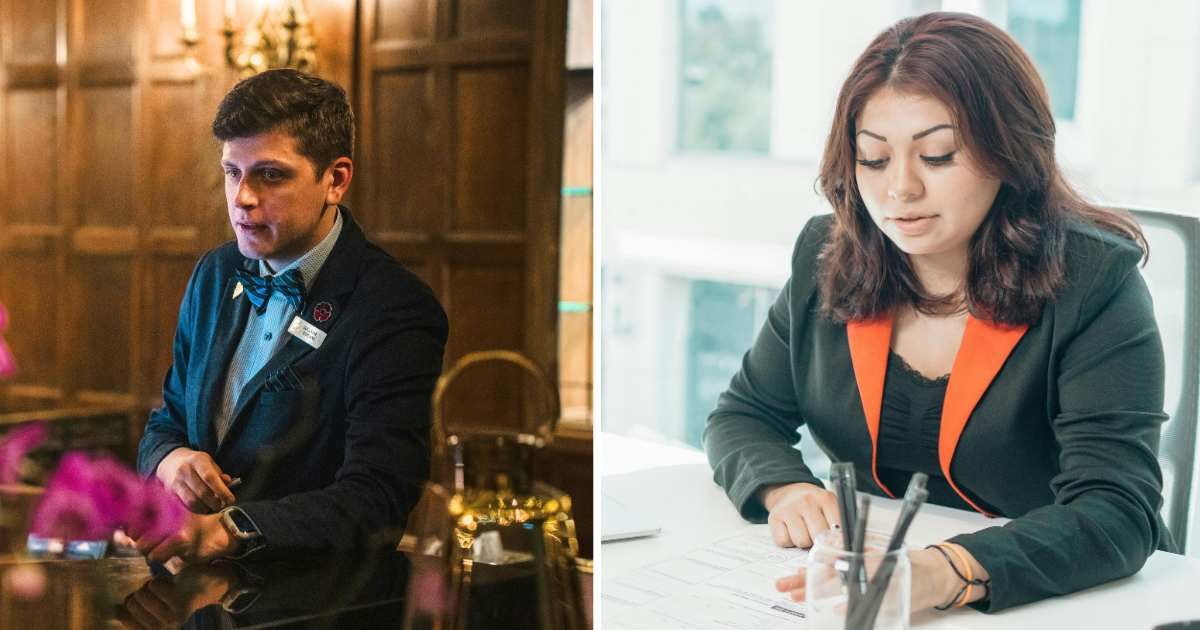 (L) Man at hotel front desk. (R) Woman in office. (Representative Cover Image Source: Pexels | (L) Clément Proust, (R) Kindel Media)