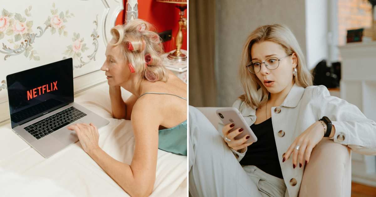 A woman is about to browse through Netflix (L). A woman was shocked after reading a text (R). (Representative Cover Image Source: Pexels Images | Photo by Anastasia Shuraeva and  Polina Zimmerman)