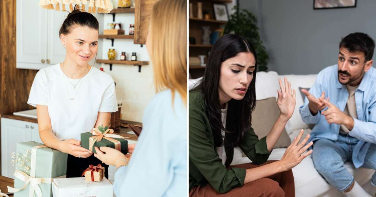 A woman handing over a gift to someone (L). A couple arguing (R).(Representative Cover Image Source: Pexel and Getty Images | Photo by AI25.Studio Studio and Srdjanns74)