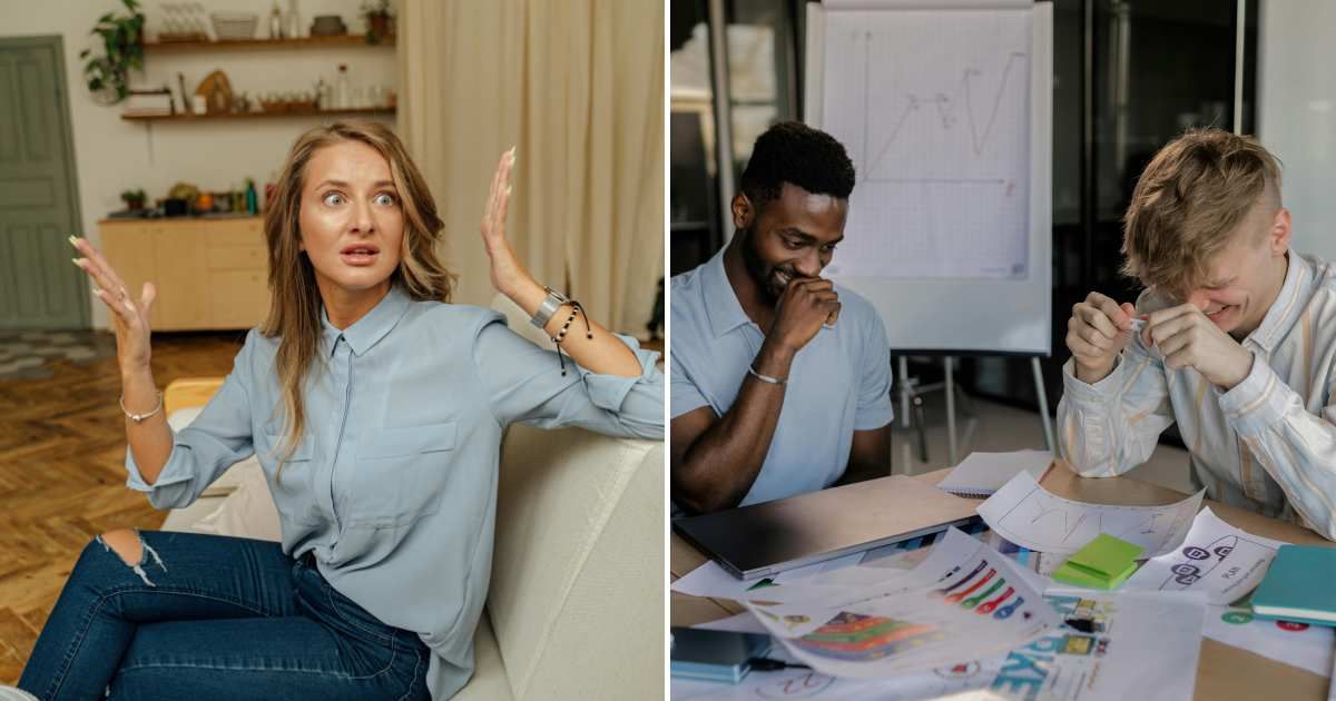 A woman arguing or reprimanding someone (L). Office colleagues controlling their laughter at a meeting (R) (Representative Cover Image Source: Pexels Images | Photo by AI25.Studio Studio and  Alena Darmel)