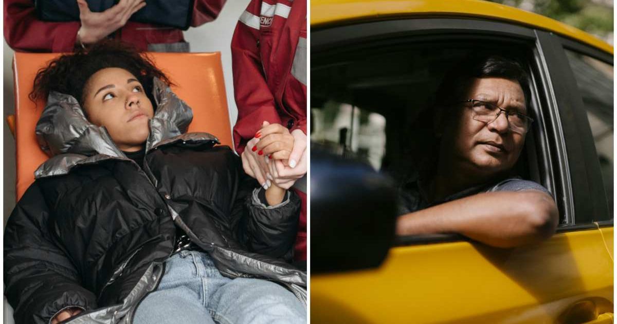 (L) A scared woman on a stretcher, speaking to medics; (R) A cab driver waiting for someone (Representative Cover Image Source: Pexels | (L) Pavel Danilyuk ; (R) Tim Samuel)
