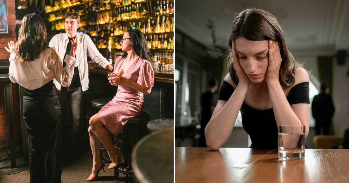 A man with two woman talking at a bar (L). A woman upset at the bar (R)(Representative Cover Image Source: Getty and Pexel Images | Photo by Stanislav Smoliakov and cottonbro studio)