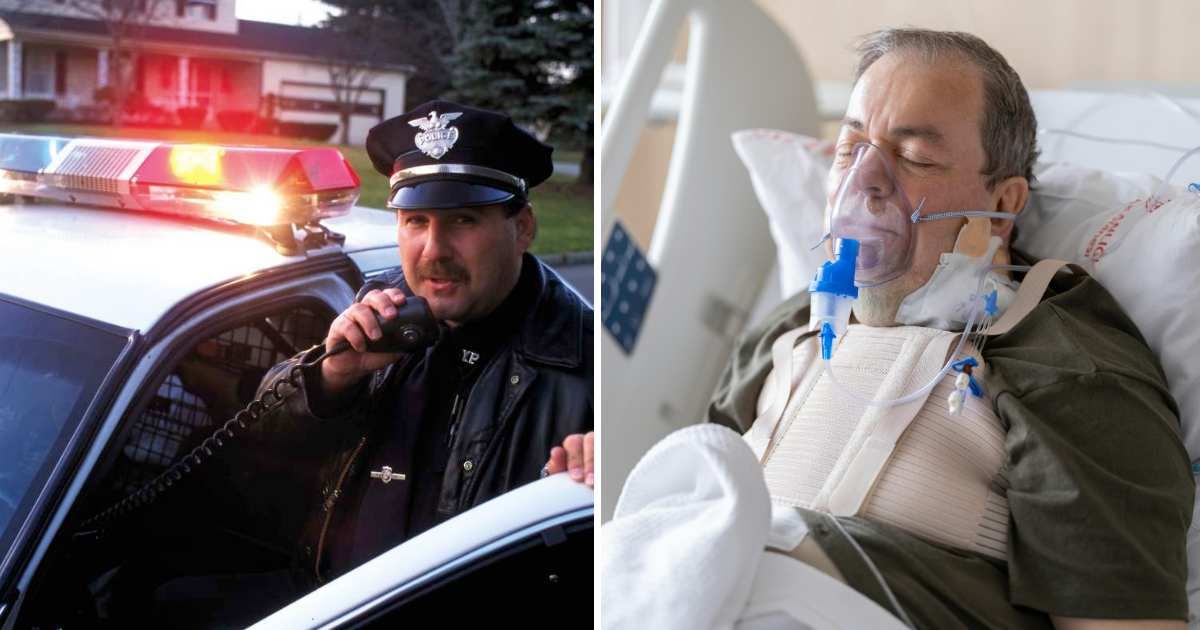 (L) Police officer talking on an intercom. (R) Man in hospital. (Representative Cover Image Source: Getty Images, Pexels | (L) Roy Morsch, (R) Engin Akyurt)