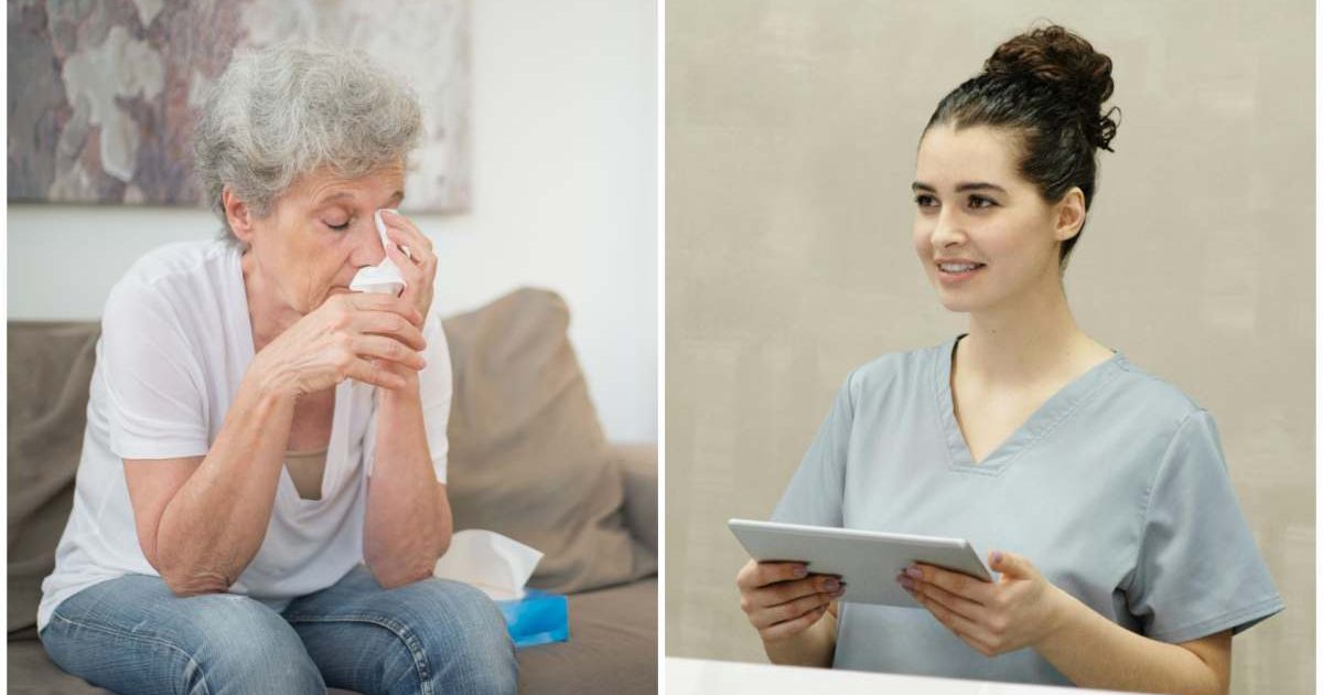 (L ) A woman crying and looking exhausted ; (R) A nurse talking to someone (Representative Cover Image Source: Pexels | Photo by (L) Kampus Production ; (R) Cedric Fauntleroy)