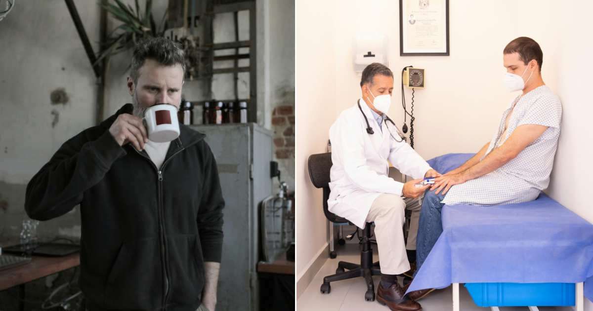 A man drinking coffee (L). Doctor treating a patient (R). (Representative Cover Image Source: Pexels | Photo by Andrea Piacquadio and Los Muertos Crew)