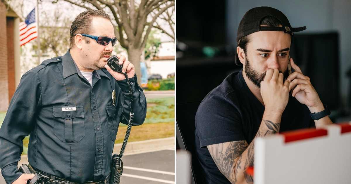 (L) A police officer speaking over a call. (R) A man worried over a call. (Representative Cover Image Source: Pexels | L - Kindel Media, R - Jonathan Borba)