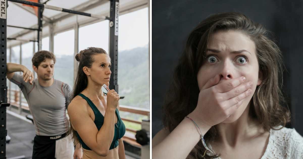 (L) Man looking at woman while working out in the gym. (R) A terrified and shocked woman. (Representative Cover Image Source: Pexels| (L) Anastasia Shuraeva, (R) Andrea Piacquadio)