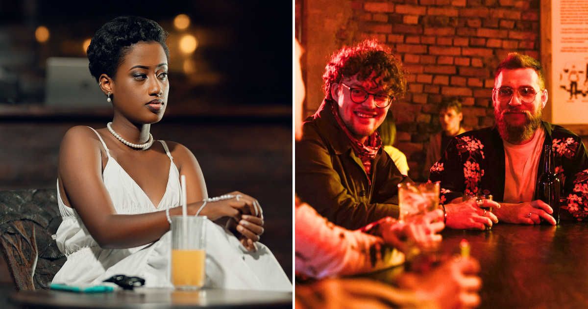 (L) A woman sitting alone at a bar. (R) Two men at the restaurant are talking to someone. (Representative Cover Image Source: Pexels| L - K Studios, R - cottonbro studio)