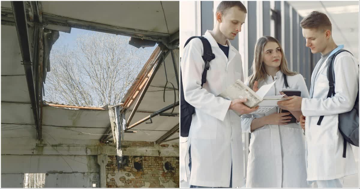 (L) A broken ceiling ; (R) A group of medical students (Representative Cover Image Source: Pexels| (L) Elina Volkova ; (R) Gustavo Fring)