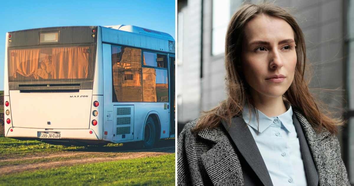 (L) Rear view of a bus parked at the side of a road. (R) A woman on the street looks on suspiciously. (Representative Cover Image Source: Pexels| L - Alik Iso, R - August de Richelieu)