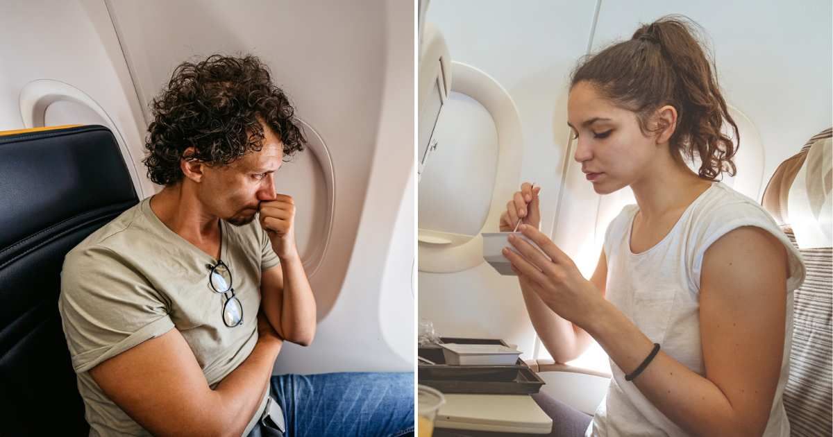 (L) A man showing distress on a plane. (R) A woman having a meal during her flight. Representative Cover Image Source: Getty Images | L - urbazon, R - zoranm)