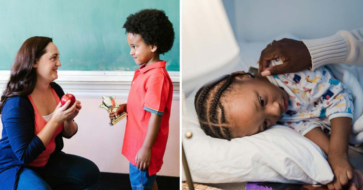 (L) School teacher interacting with student. (R) Sick kid resting in bed. (Representative Cover Image Source: Pexels | (L) RDNE Stock project, (R) Mizuno K)