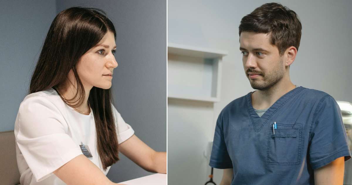 (L) A female nurse working a night shift ; (R) A male nurse looks offended  (Representative Cover Image Source: Pexels | (L) Pavel Danilyuk ; (R) Tima Miroshnichenko)
