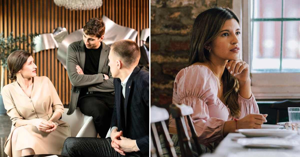 (L) A woman listens while two men talk. (R) A woman smirking. (Representative Cover Image Source: Pexels| L Alena Darmel, R - Gera Cejas) 