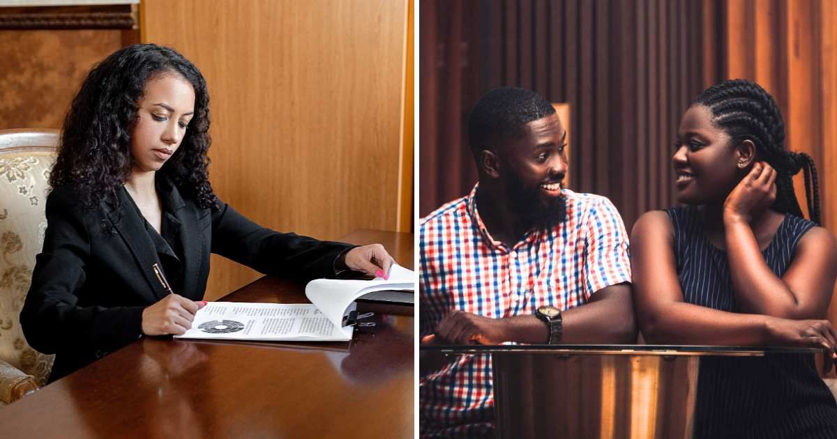 (L) Female lawyer. (R) Couple on a date. (Representative Cover Image Source: Pexels | (L) Mikhail Nilov, (R) Wo Nfoni Media)