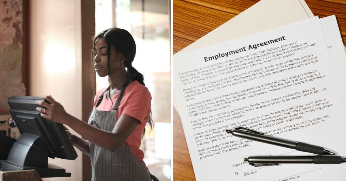 (L) Female cashier at work. (R) Employment agreement paper. (Representative Cover Image Source: Pexels | (L) Andrea Piacquadio, (R) RDNE Stock project) 