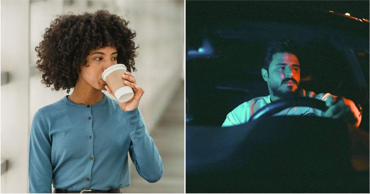 (L) Woman having coffee on the go. (R) A suspicious man looks around while driving. (Representative Cover Image Source: Pexels| L - Roberto Hund, R - Mateo Iq)