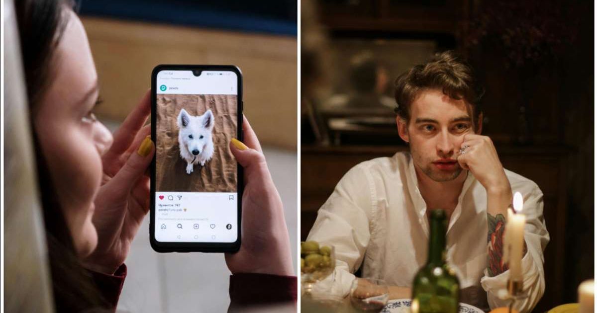 (L) A woman looking at a dog photo ; (R) A man looks shocked during a date (Representative Cover Image Source: Pexels | cottonbro studio )