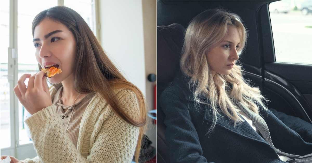(L) Woman eating nachos. (R) A woman looks serious in a car. (Representative Cover Image Source: Pexels| L - Kampus Production, R - Tima Miroshnichenko)