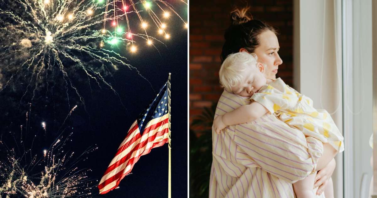(L) Fireworks during the Fourth of July celebration. (R) A worried mother, holding her baby. (Representative Cover Image Source: Pexels| L - Candid Flaneur, R - www.kaboompics.com)