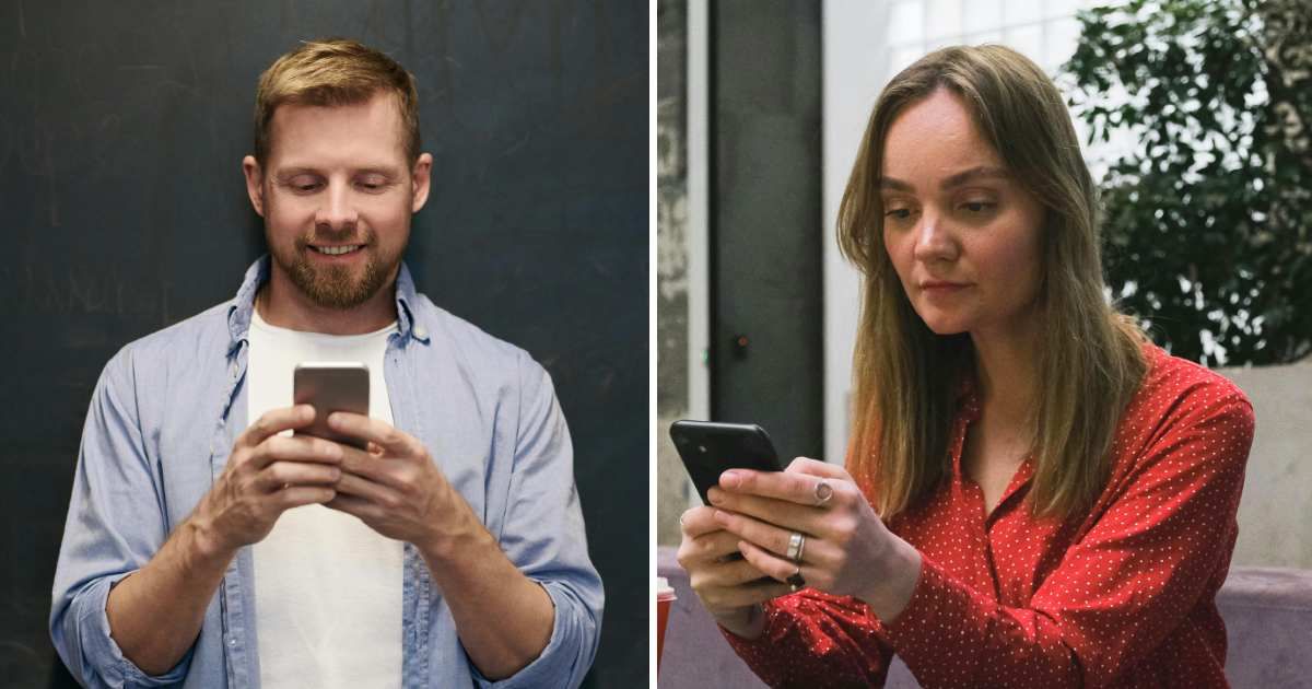 (L) Happy man typing in phone. (R) Disappointed woman looking at phone. (Representative Cover Image Source: Pexels | (L) fauxels, (R) Anna Shvets)