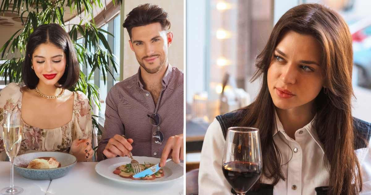 (L) Couple on a dinner date. (R) A woman looks shocked and appalled. (Representative Cover Image Source: Pexels | (L) Boris Ivas, (R) Nadin Sh)