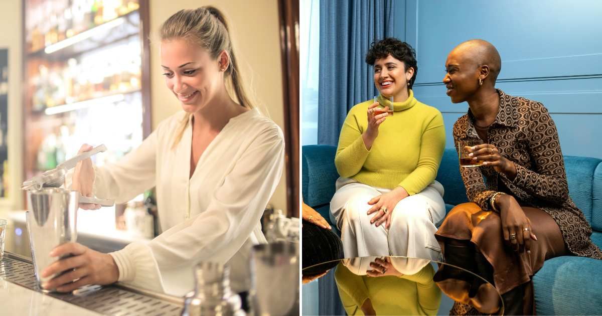 (L) A bartender politely preparing orders. (R) Two women are snickering and talking to each other. (Representative Cover Image Source: Pexels| L - Andrea Piacquadio, R - The OurWhisky Foundation)