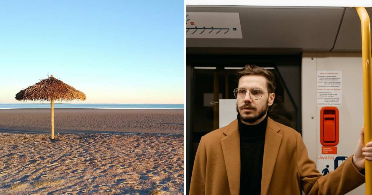 (L) Beach. (R) Man on subway. (Representative Cover Image Source: Pexels | (L) nikhil chandane, (R) MART PRODUCTION)