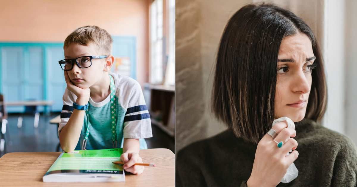 (L) A kid looks sad and quiet while sitting alone in the classroom ; (R) A young woman is grieving (Representative Cover Image Source: Pexels | (L) RDNE Stock Project; (R) Liza Summer)
