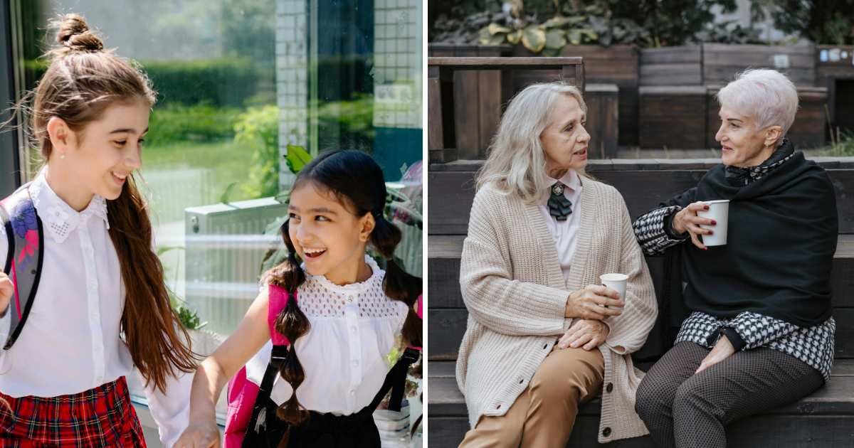 (L) Two little girls going to school together. (R) Two old women talking. (Representative Cover Image Source: Pexels | (L) Yan Krukau, (R) olia danilevich)