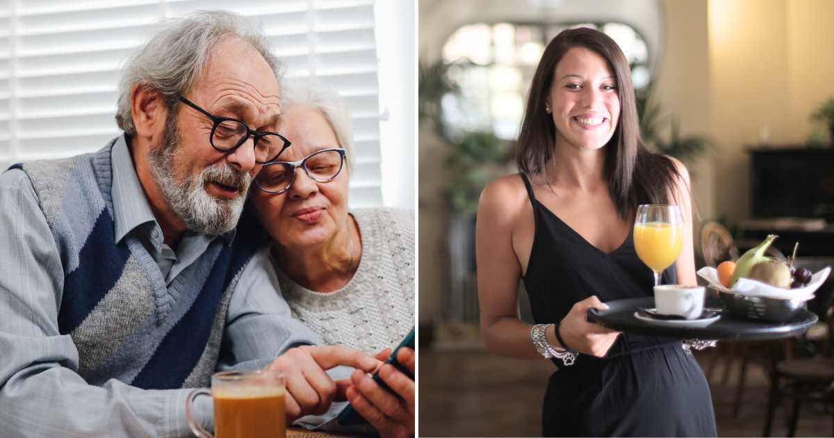 (L) An elderly couple sitting and having coffee. (R) A waitress serving and looking happy (R). (Representative Cover Image Source: Pexels | L -T Leish, R - Andrea Piacquadio)
