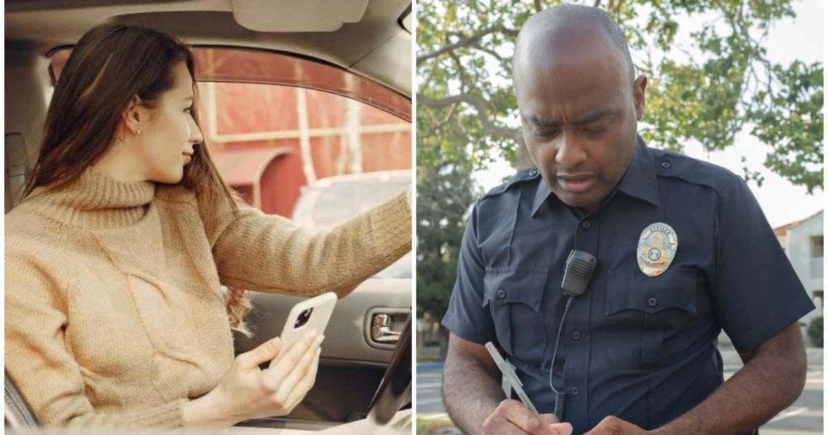 (L) Woman holding one hand on the steering wheel and another holding her phone (R) Male cop writing a ticket (Representative Cover Image Source: Pexels | Photo by (L) Gustavo Fring (R) Kindel Media)