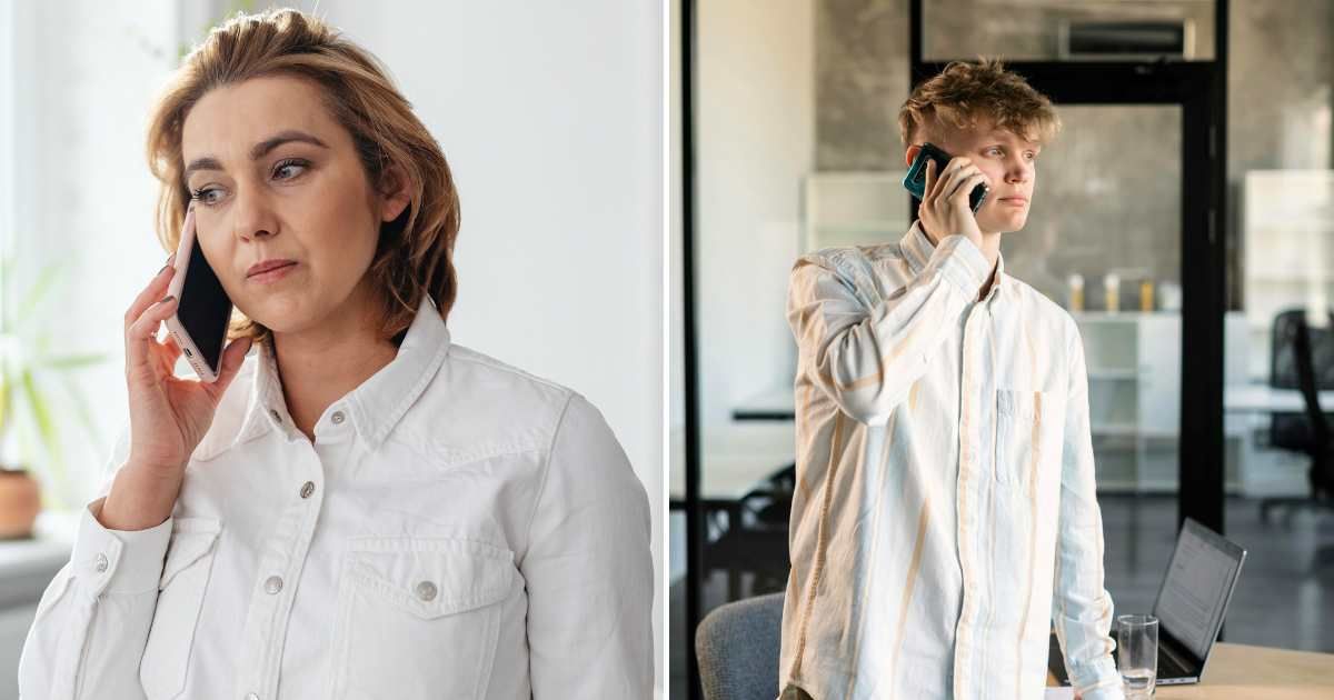 A woman looking irritated over a call (L). A man not talking and waiting patiently over a call (R). (Representative Cover Image Source: Pexels Images | Photo by www.kaboompics.com and Alena Darmel)
