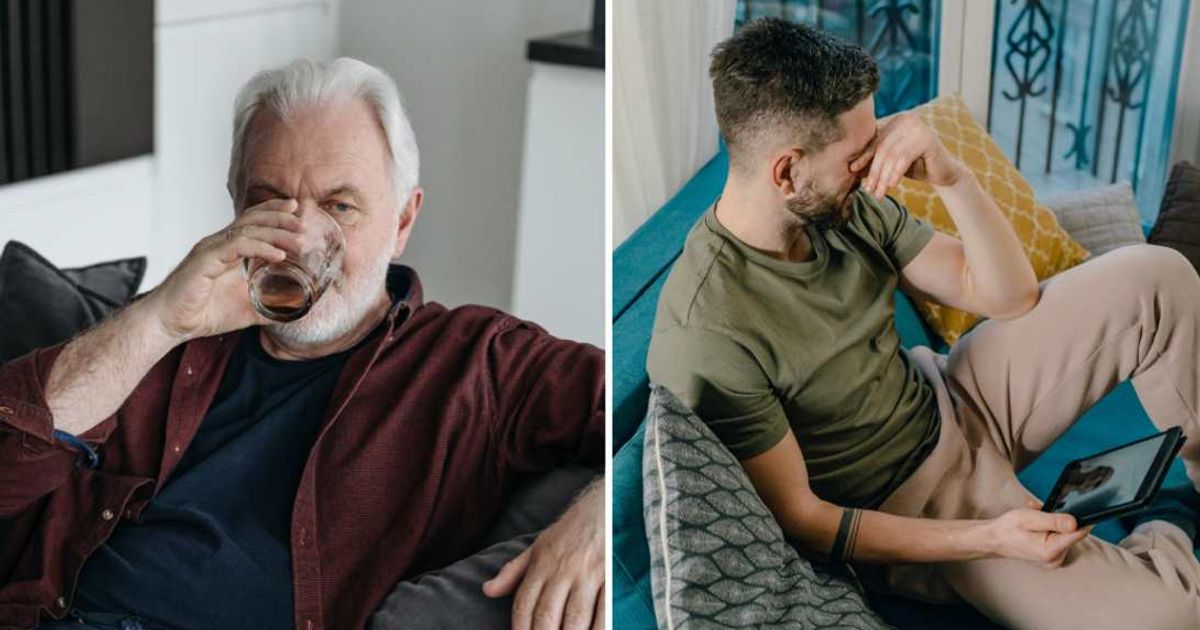 (L ) A man drinking ; (R) A man looks sad looking over a photo (Representative Cover Image Source: Pexels | Photo by (L) Pavel Danilyuk ; (R) Alena Darmel)