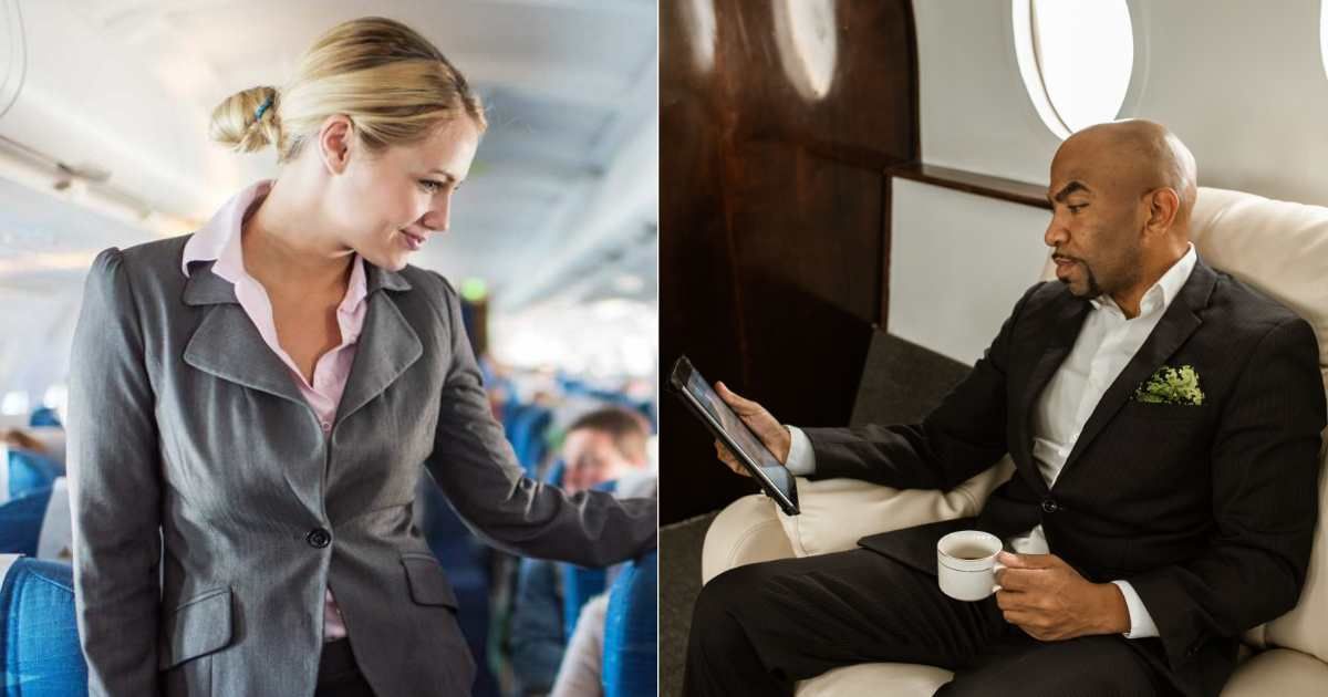 (L) Flight attendant. (R) A man on a flight is using tab and looking frustrated. (Representative Cover Image Source: L - Getty Images| BraunS, (R) Pexels| RDNE Stock Project)