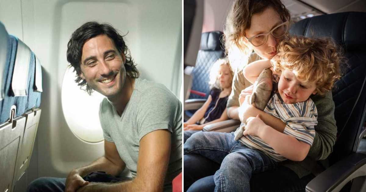 
A man smiling, sitting on a plane seat (L). A woman looking angry and distressed (R). (Representative Cover Image Source: Pexels | Hans Neleman and Getty Image | Ryan JLane)