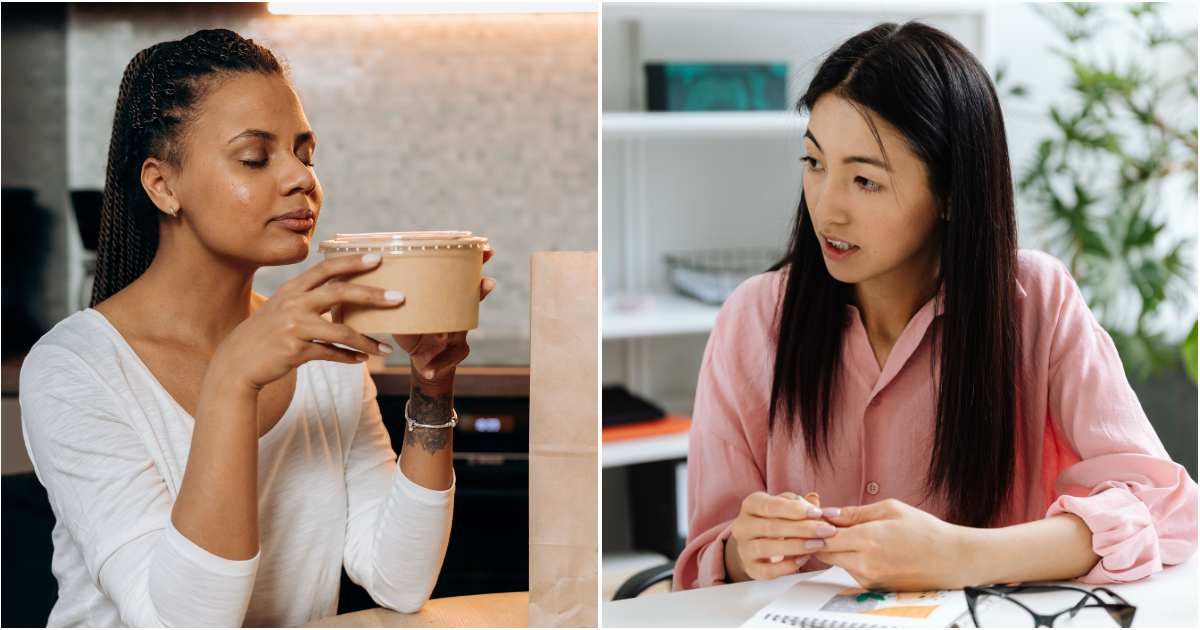 (L) A woman relishing the aroma of lunch at the office. (R) An employee looks shocked. (Representative Cover Image Source: Pexels| L - Mikahil Nilov, R - Karola G)