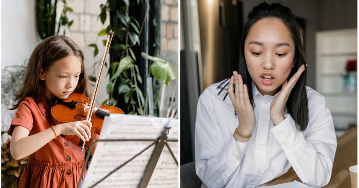 (L) A kid playing a violin ; (R) A woman looks shocked, reading a note (Representative Cover Image Source: Pexels |  (L) MART PRODUCTION ; (R) Alena Darmel)