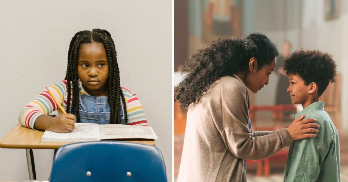 (L) Sad black girl in class. (R) Mom talking to son. (Representative Cover Image Source: Pexels | (L) RDNE Stock project, (R) cottonbro studio)