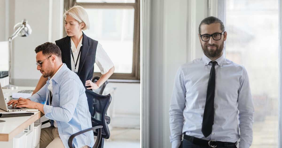 A female boss scolding a male employee (L). A male employee smirking (R). (Representative Cover Image Source: Getty and Pexel Images | Photo by Liubomyr Vorona and Andrea Piacquadio)