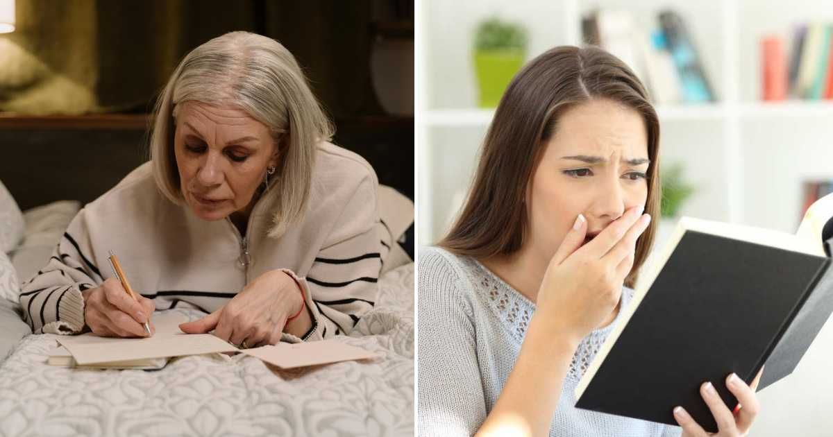 An elderly woman writing on her journal (L). A woman shocked after reading a diary (R) (Representative Cover Image Source: Pexels Images | Photo by AntonioGuillem and cottonbro studio)