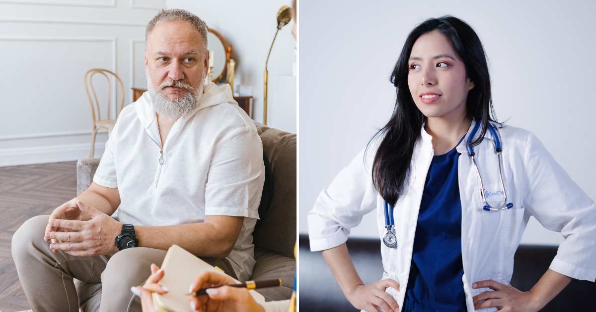 (L) A man asking questions. (R) A nurse standing confidently. (Representative Cover Image Source: Pexels| L - AI25.Studio, R - Daniil Kondrashin)